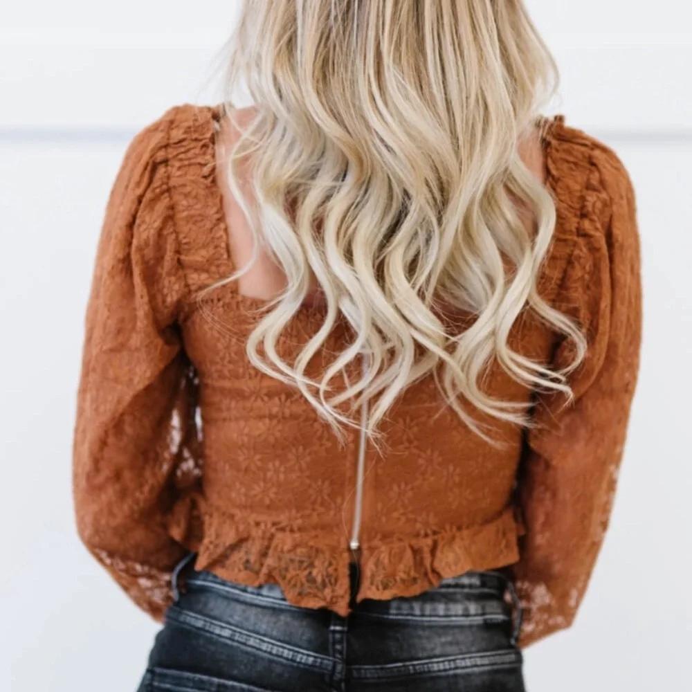 Chocolate USA Lace Corset Flounce Sleeve Crop Top - Picture 8 of 11